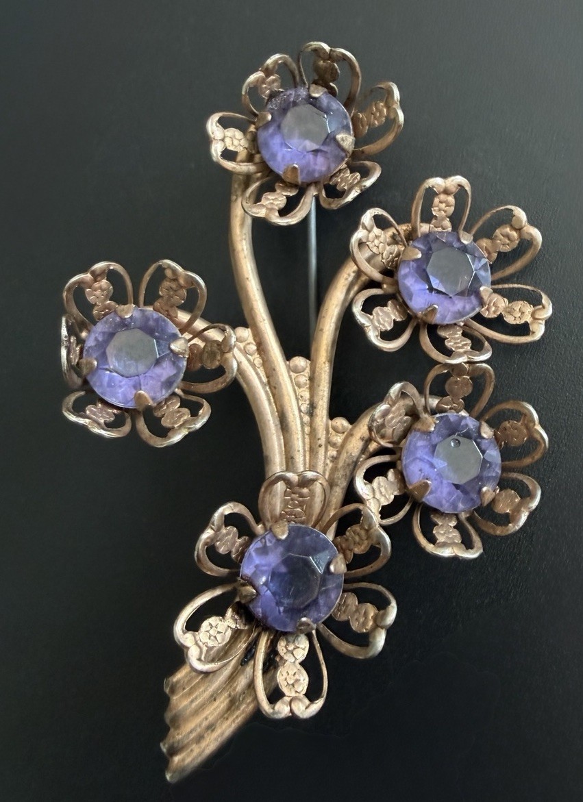 Vintage 1940s Retro Floral Spray Brooch Amethyst Purple Glass Riveted Gold Tone