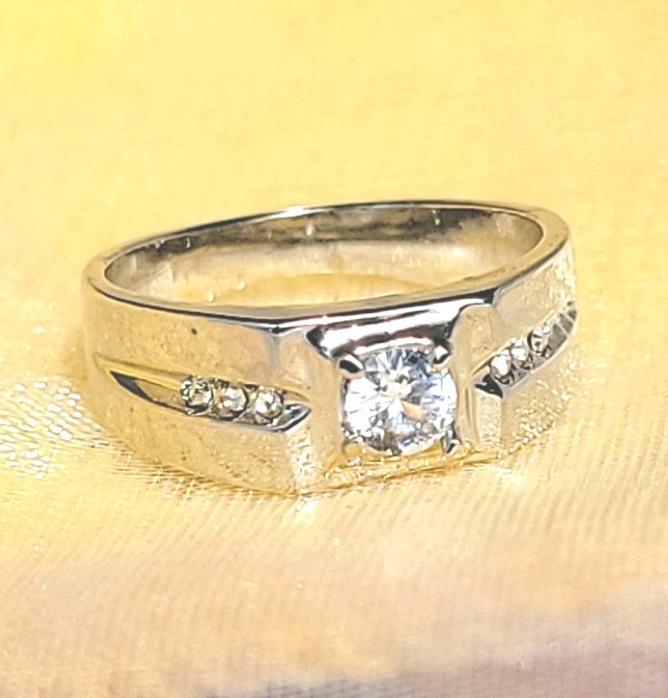 Mens Solitaire Ring White Gold EP 1 CT Simulated Diamonds (pinky)
