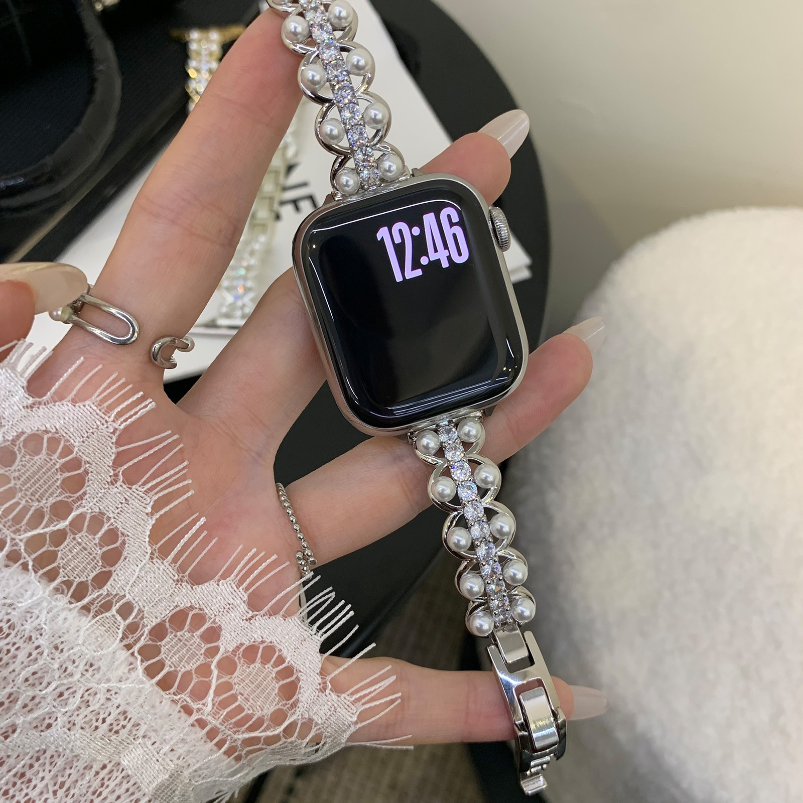 For iWatch Series Ultra 11 10 9 SE 8 Luxury Pearl Diamond Metal Watch Band Strap