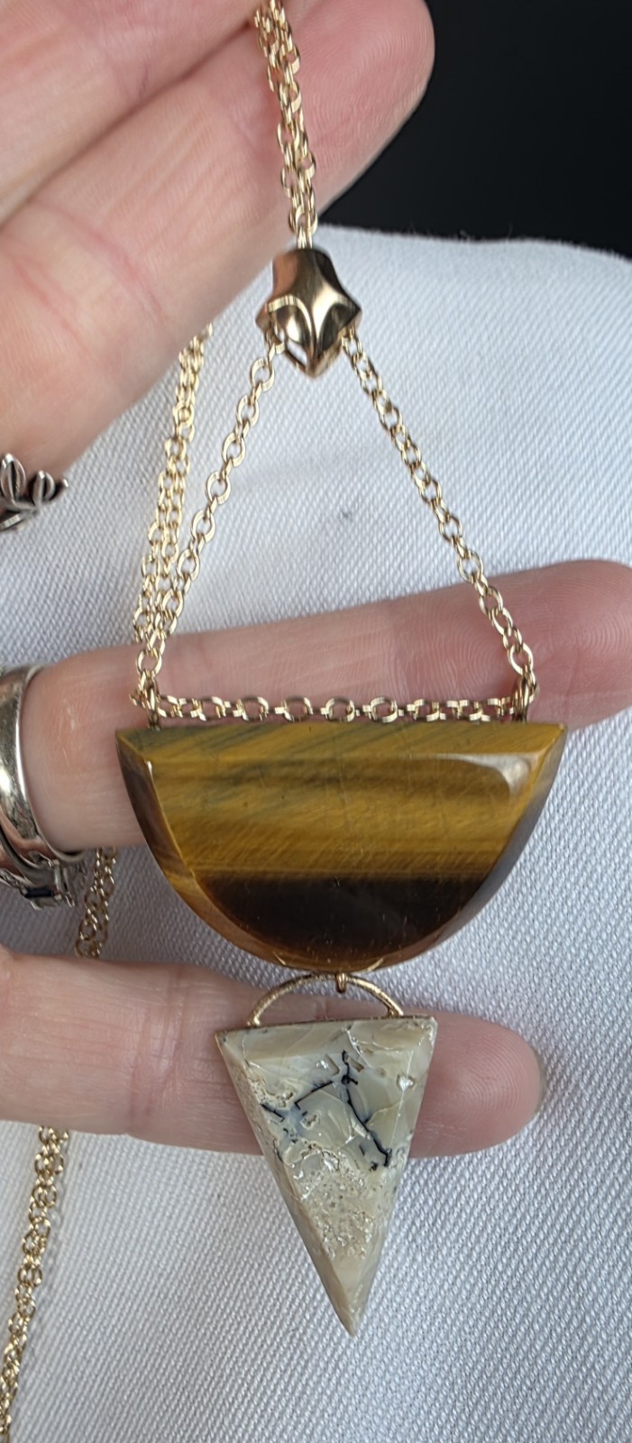 Designer Barse Tiger’s Eye semicircle triangle Pendant Chain Necklace 26″ 17.5”