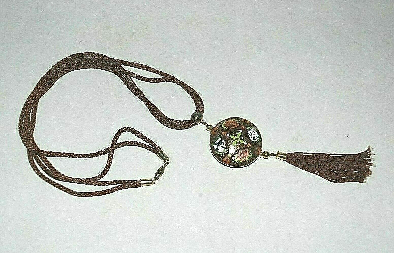 Cloisonne Asian Flower Tassel Necklace Pendant Enamel Gold Filled Silk Cord Boho