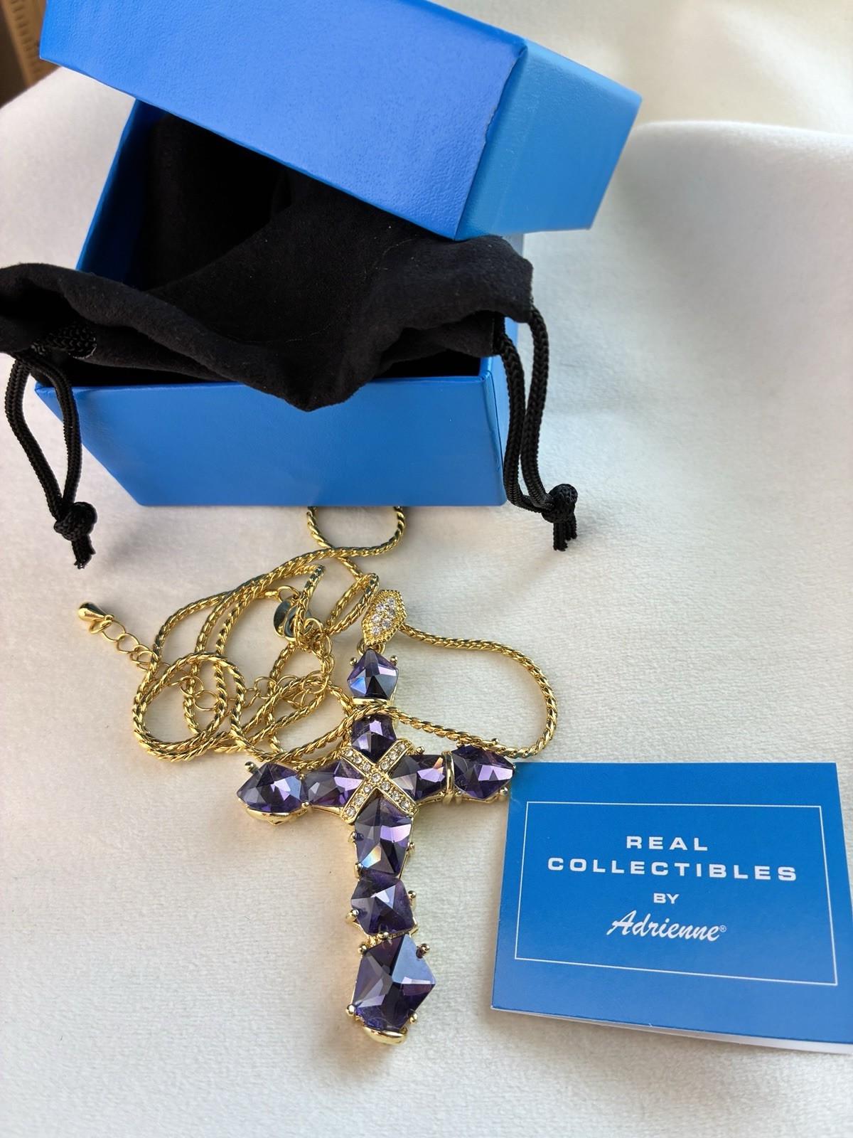 Real Collectibles Adrienne Amethyst Crystal Cross Necklace Gold HSN Box & Card