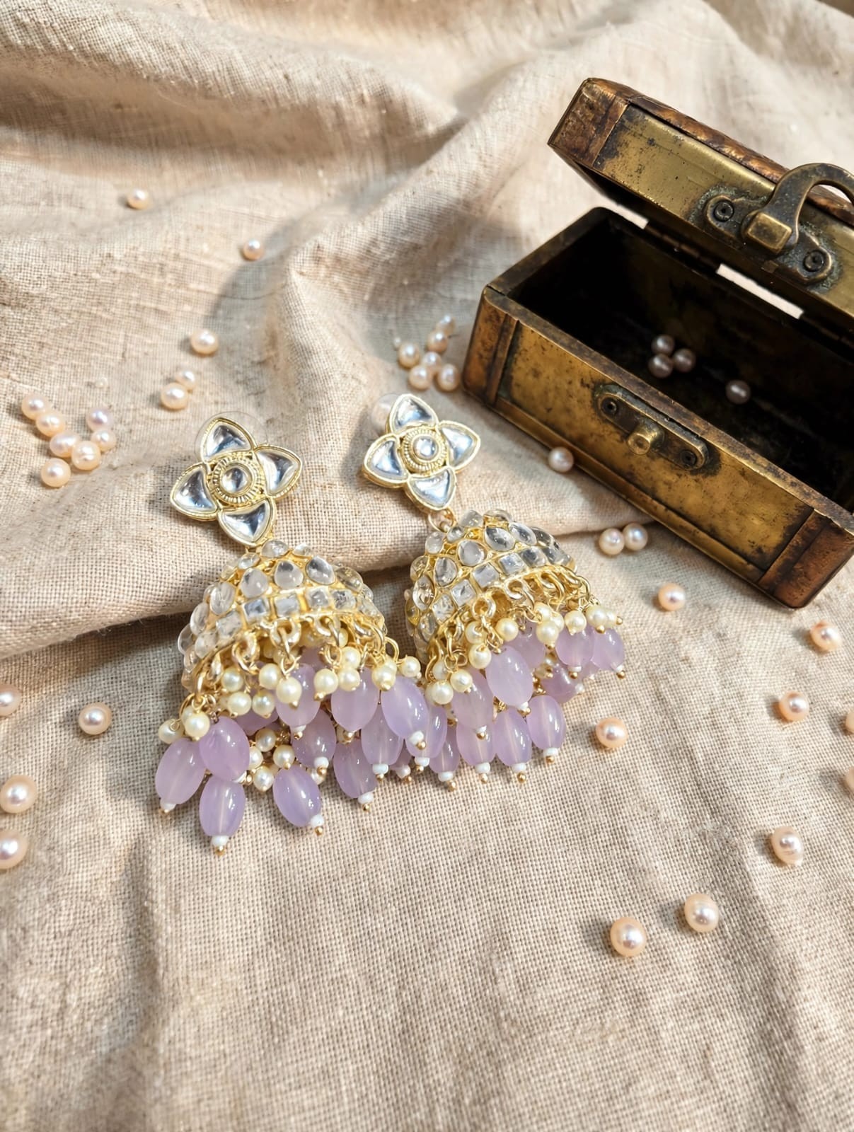 Traditional Kundan Jhumka Earrings Gold Plated Green Beaded Pearl Drop Earrings