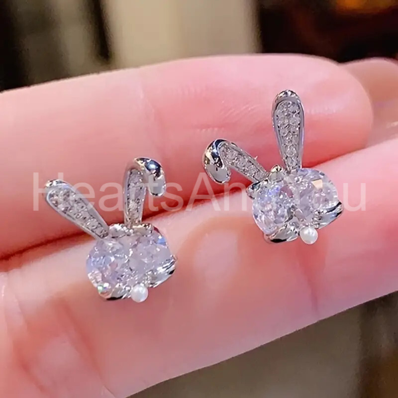 2ct Oval Cut Moissanite Rabbit Bunny Stud Party Earrings 14K White Gold Plated