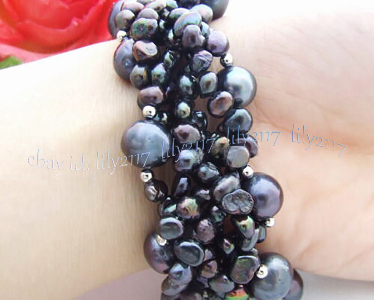 6 Strands Natural Black Freshwater Baroque Pearl Bracelet 8 inch Shell Clasp