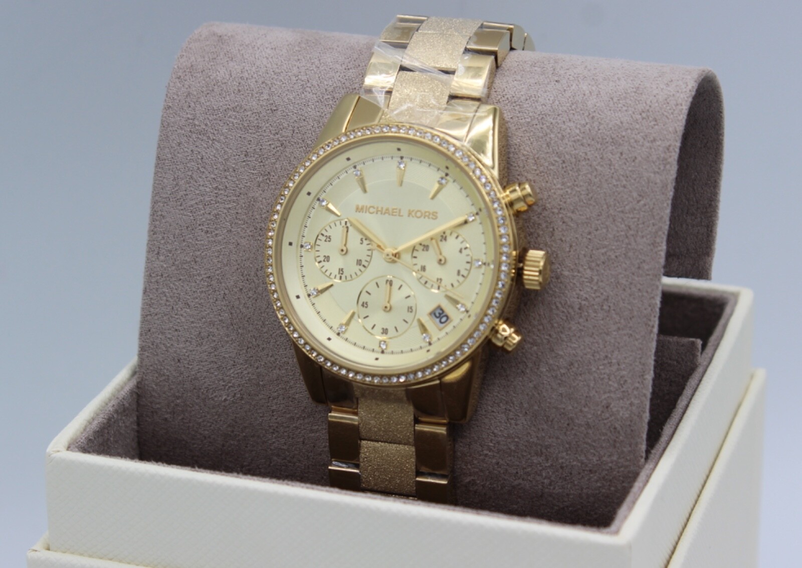 NEW AUTHENTIC MICHAEL KORS RITZ GOLD CRYSTAL CHRONOGRAPH WOMEN’S MK6597 WATCH