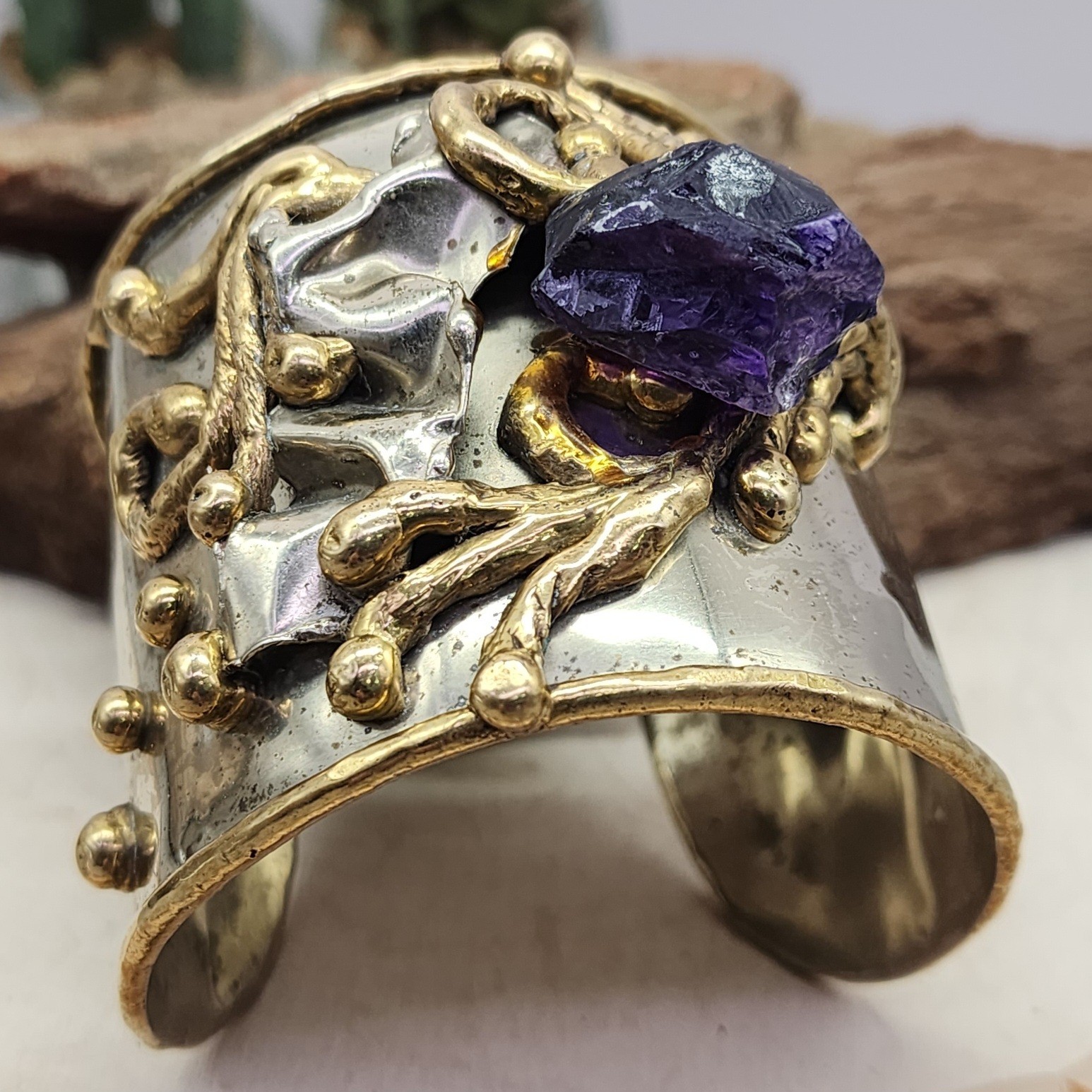 Copa Collection Brutalist Chunky Mixed Metal Raw Amethyst Sz6 3″ Wide Cuff 93g