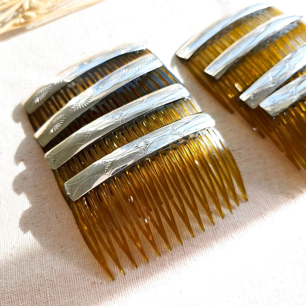 Pair of Native American Navajo Shiny Patterned Sterling Silver 2.75″ Hair Combs