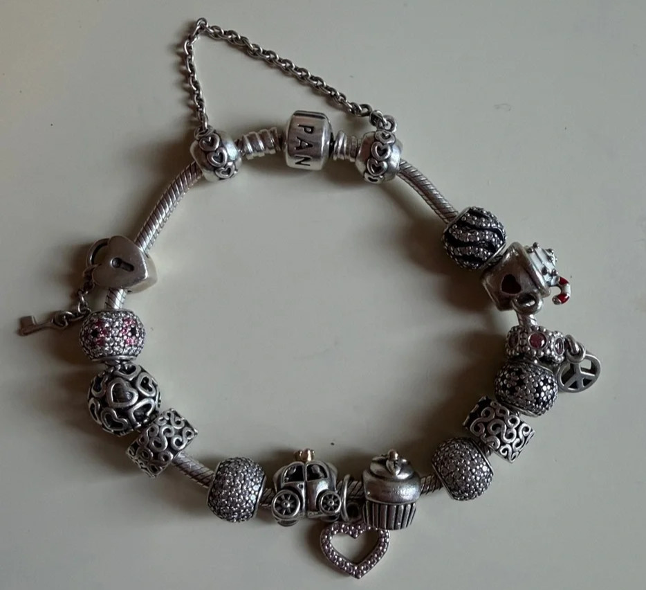 Pandora Silver Charm Bracelet Full of Charms, Safety Clasps, and Safety Chain