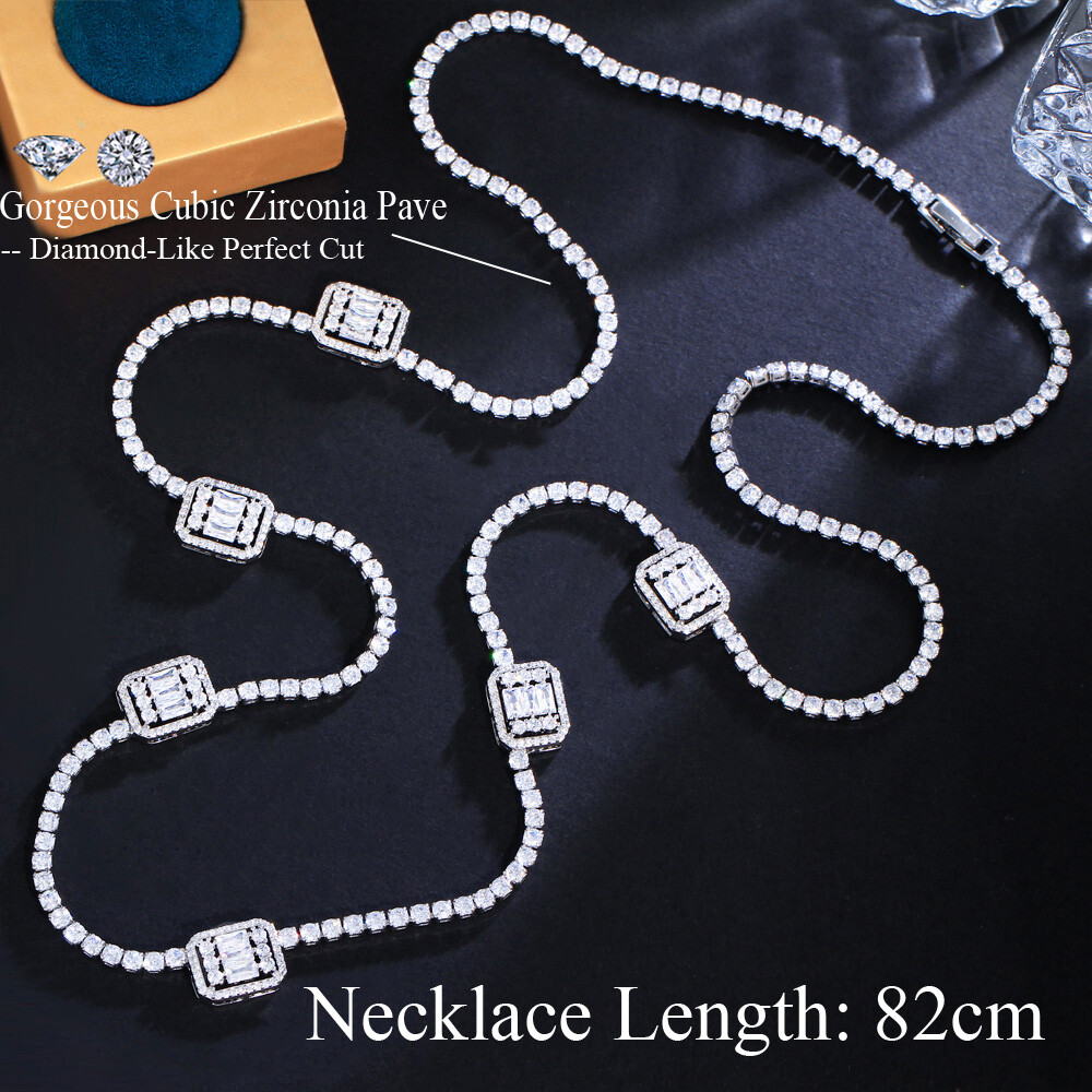 82cm Silver Plated Baguette Cubic Zirconia Long Sweeter Necklace Women Jewelry
