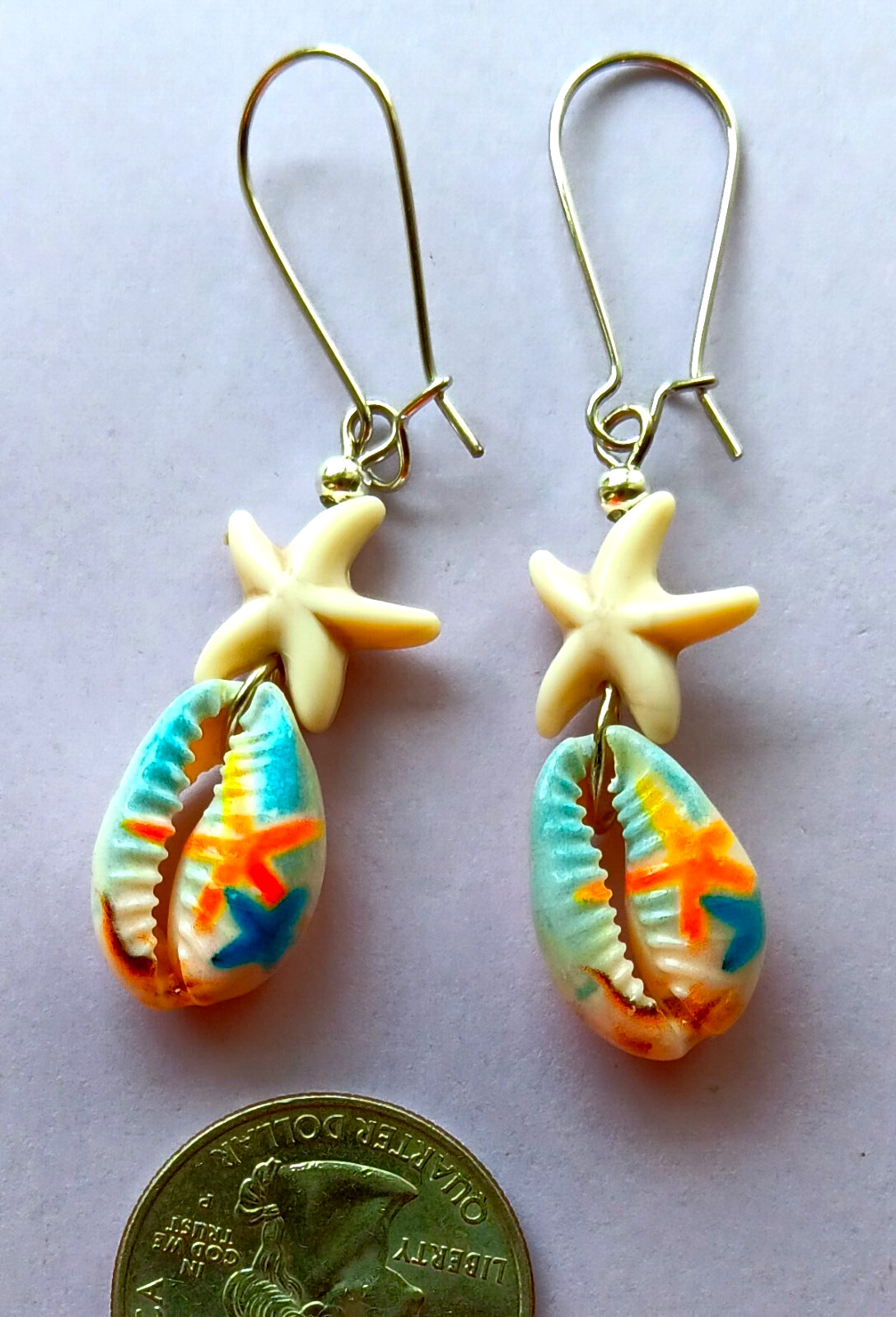 STARFISH Painted COWRIE SHELL dangle earring kidney wire handcrafted #ACTA