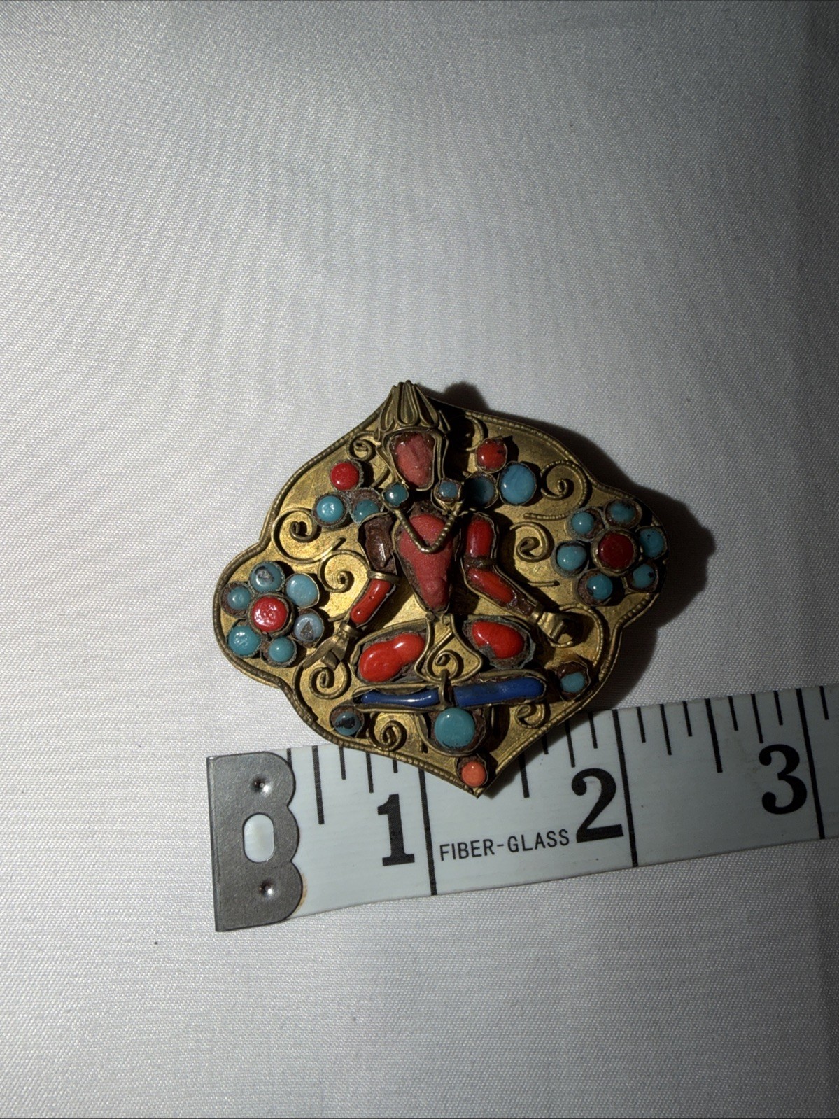 Spilla Tibet Vintage In Ottone E Pietre Corallo E Turchese