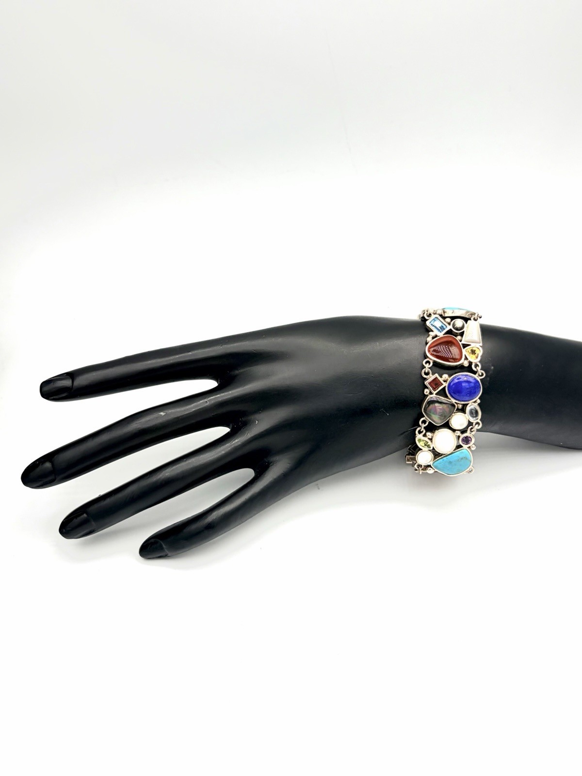 Multistone Sterling Silver Bracelet- Bohemian Colorful Gemstone Designer Signed