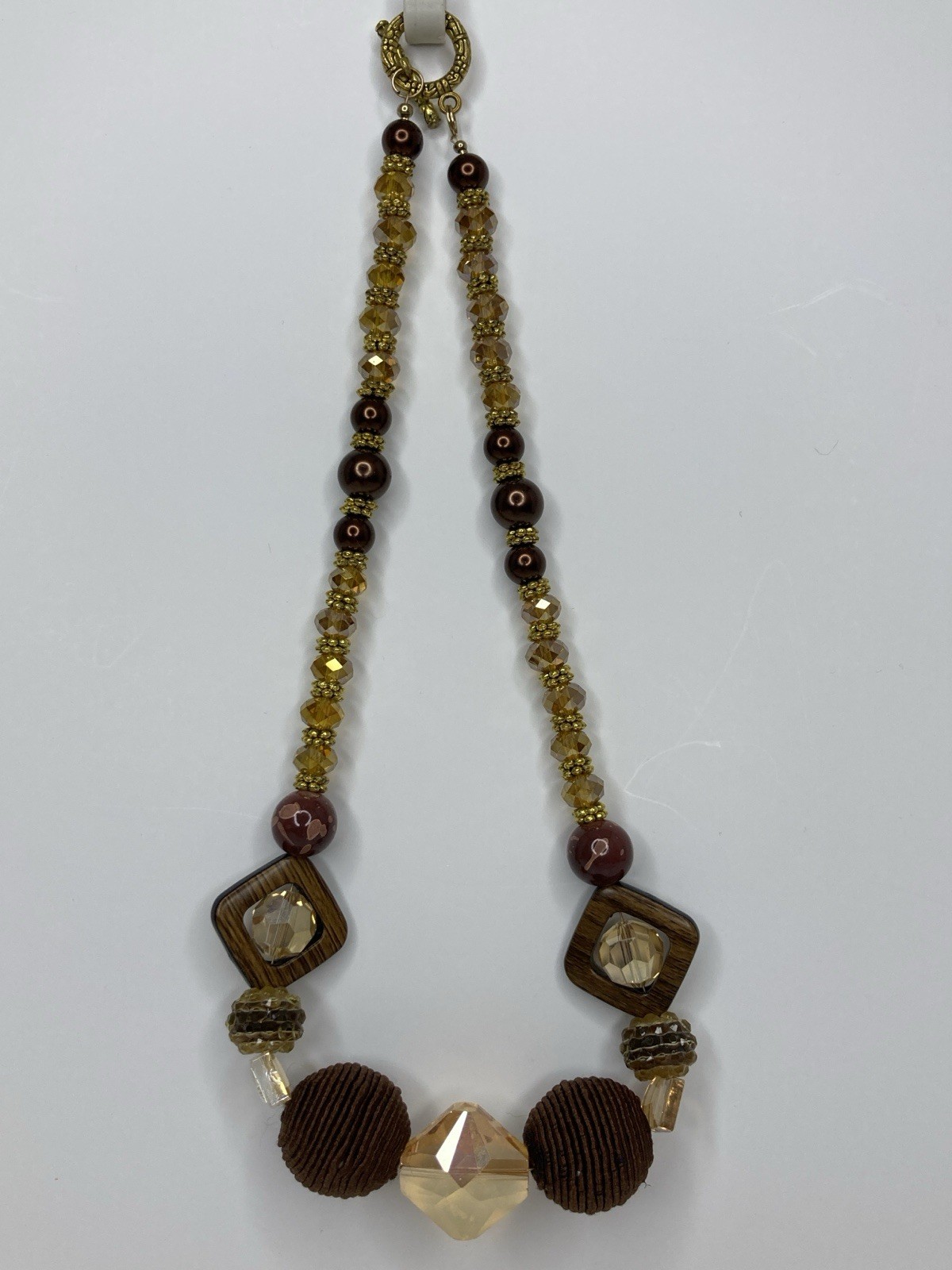 Brown and Gold Beaded Statement Necklace 18″ Various Types Of Beads/ 2 Glow