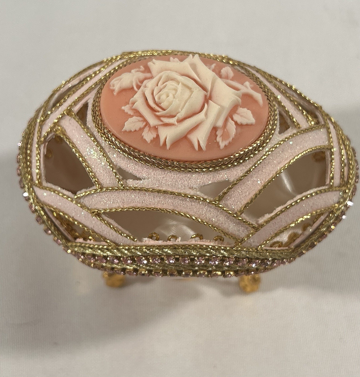 VTG Hand Decorated Fabergé-style Jewelry Presentation with White Satin Interior