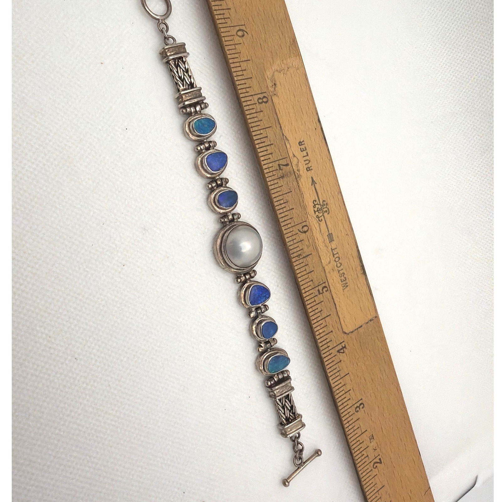 Women 8in 925Silver Excellent Mabe Pearl Blue Opal Bracelet