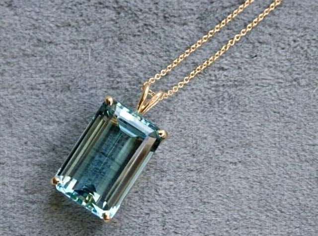 14K Yellow Gold Plated 3.25Ct Emerald Cut Lab Created Aquamarine Women’s Pendant