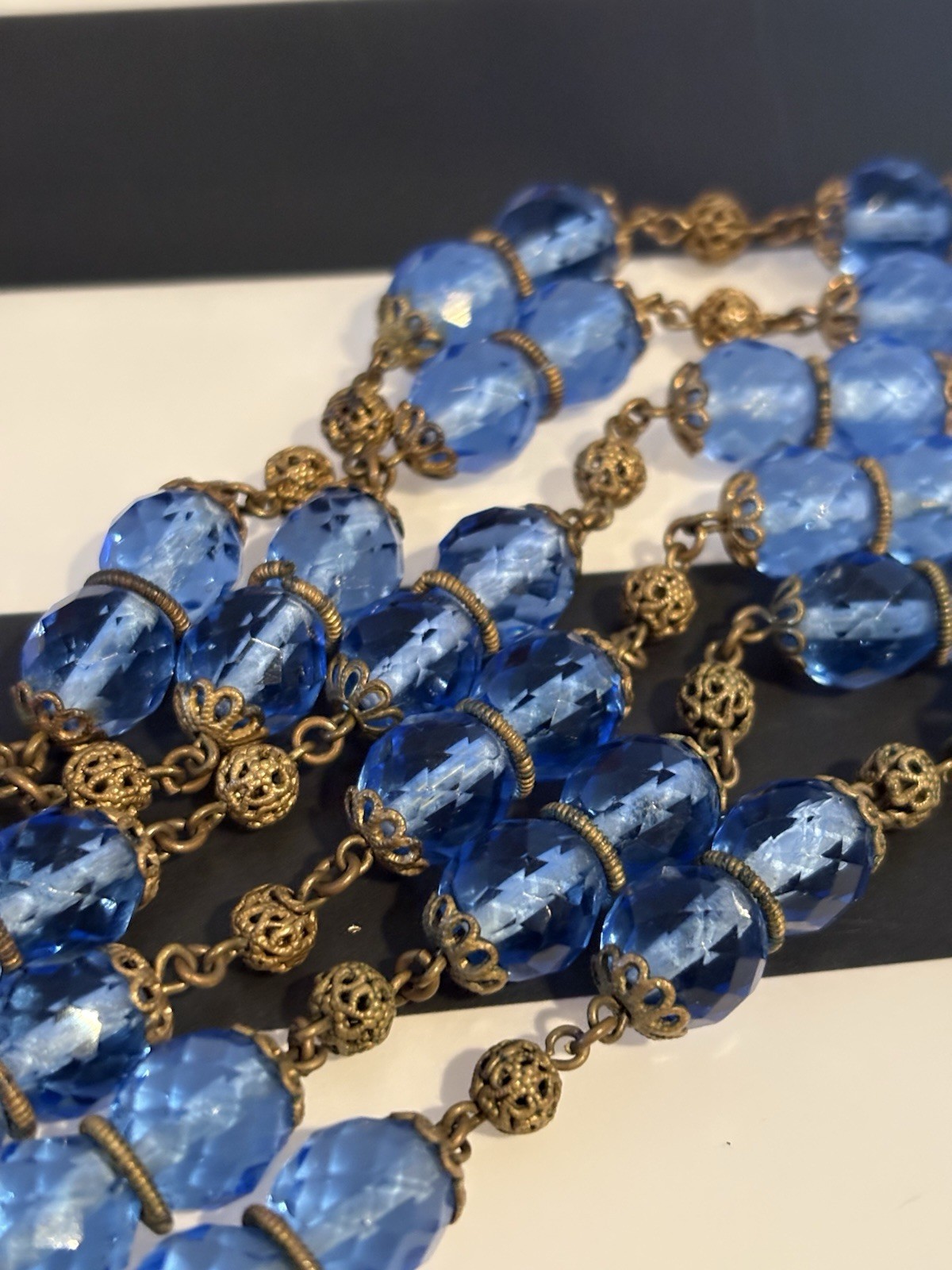 Antique Art Deco Blue Czech Glass & Brass Filigree 34 Inch Necklace 20s-30s