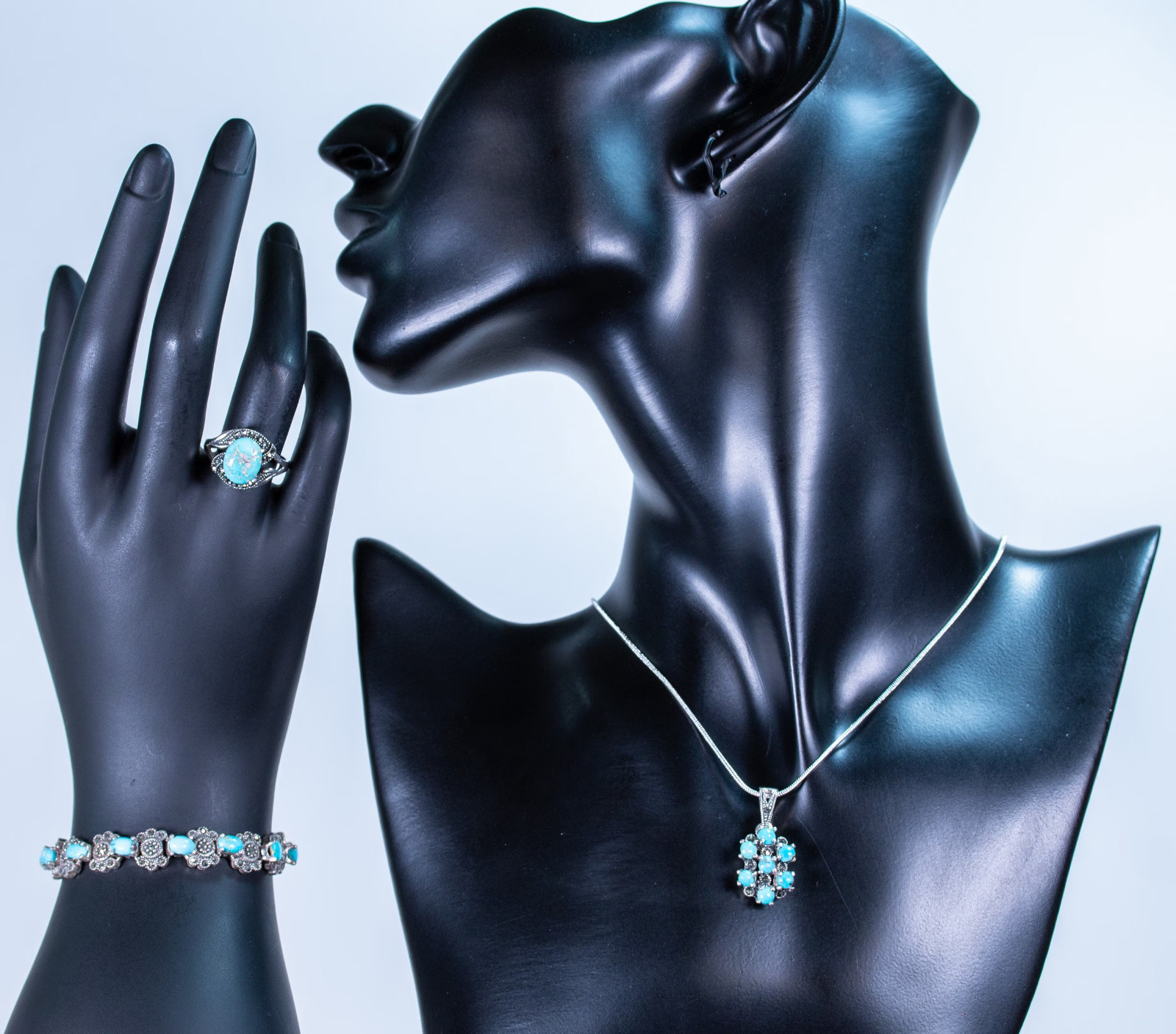 3Pc Jewelry Set for Women Ring Bracelet Necklace CZ Rhodium Persian Turquoise