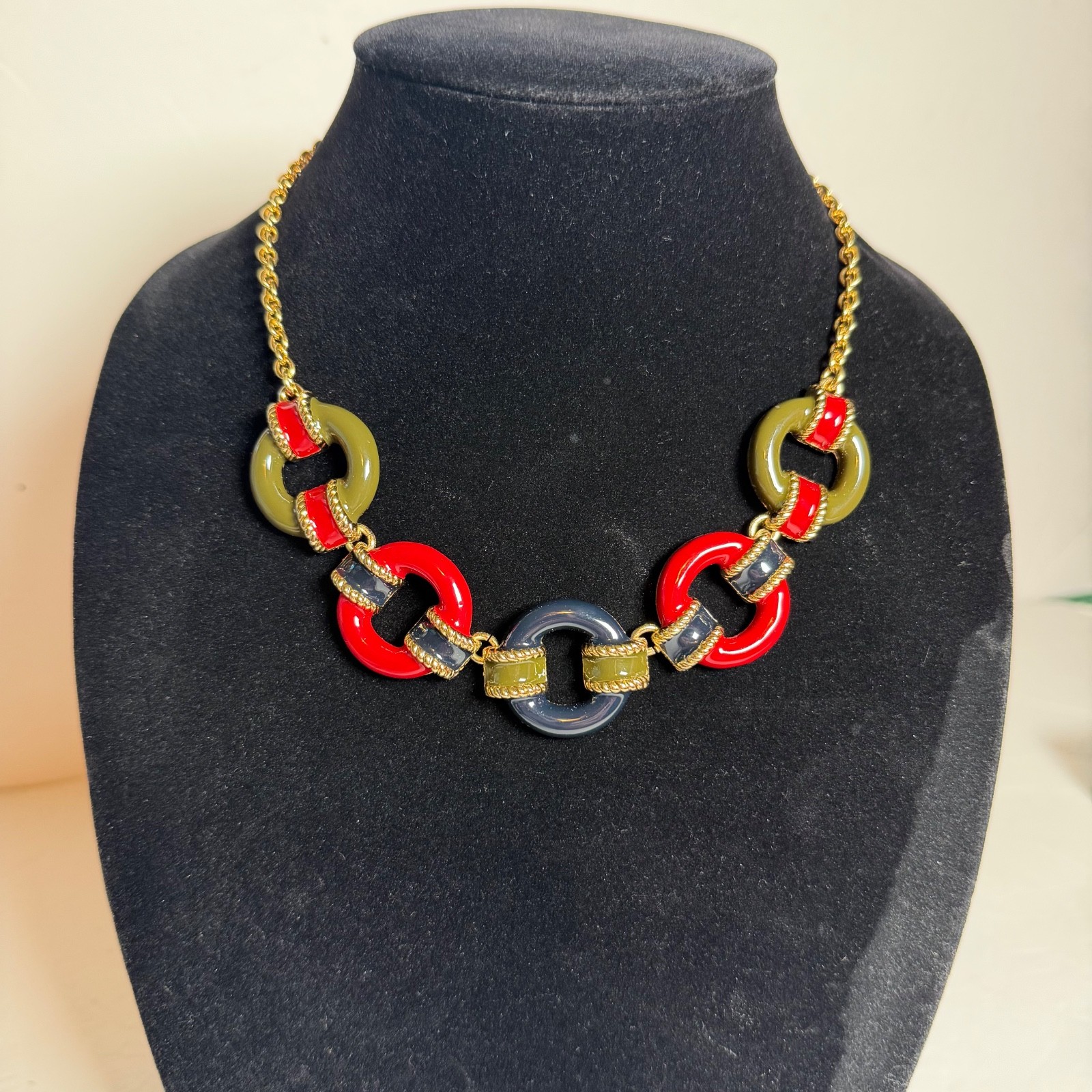 Talbots Gold Tone Enamel Link Necklace Red Blue Olive Green Statement 21″