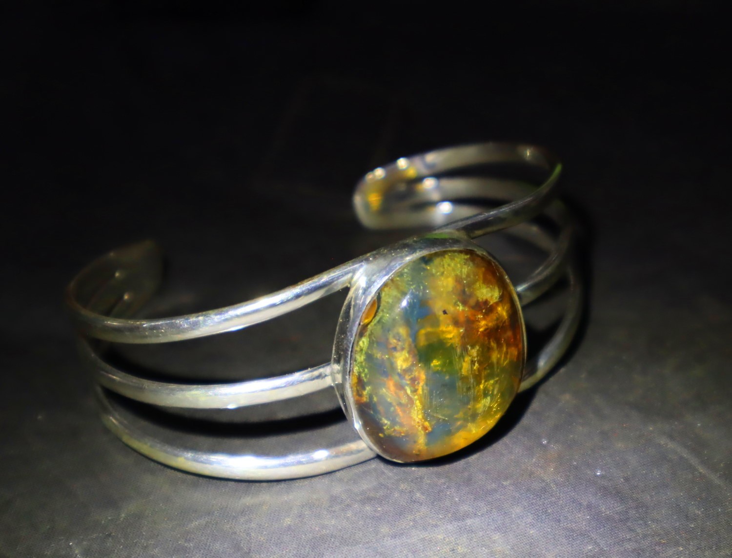 Hugh Natural Clear Green Blue Amber solid .925 Sterling Silver Cuff Bangle 7inch