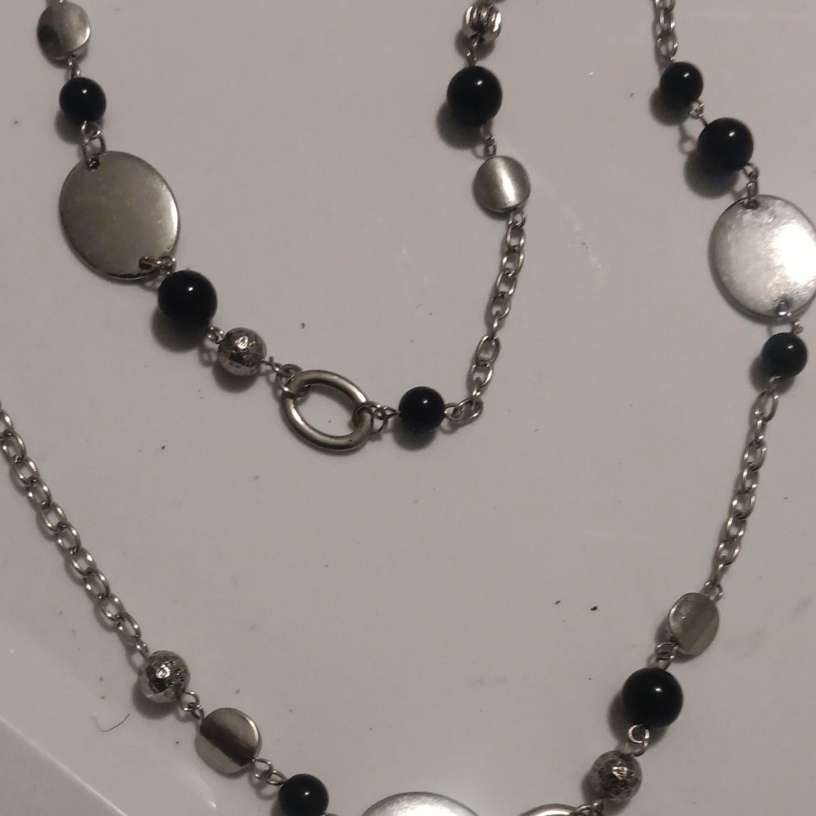 Silver & Black Cable Chain Station Beaded Necklace, Lobster Clasp Closure