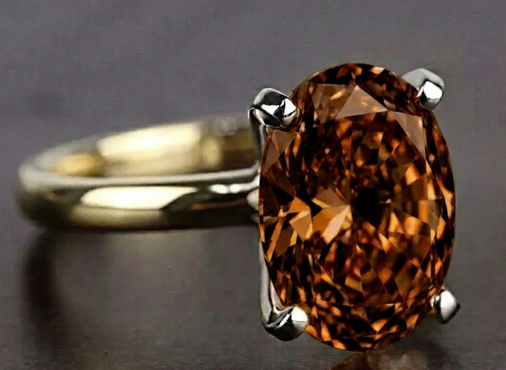 RARE 8.00 Ct Certified Oval Shape Natural Brown Diamond Ring Yellow Gold Finish