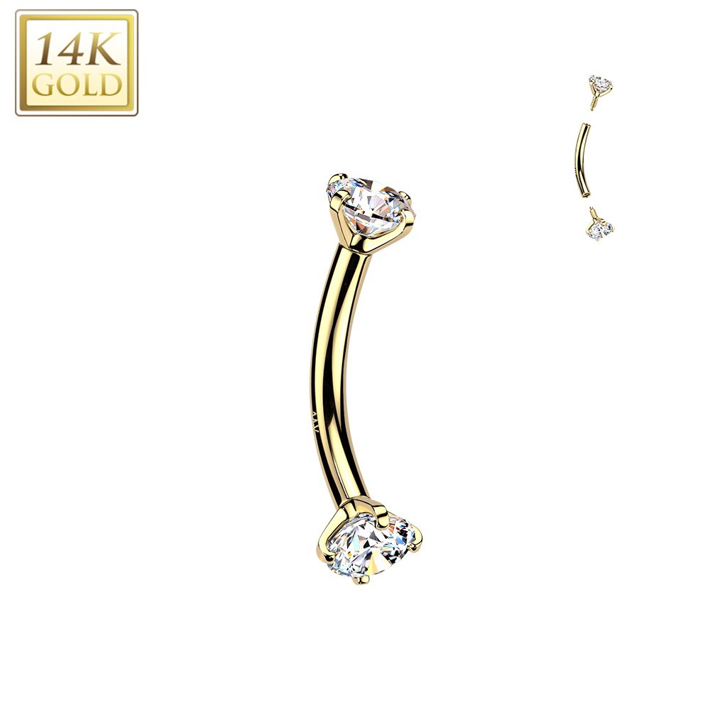 14K Yellow Gold Curved Barbell Eyebrow With Prong Set CZ Balls