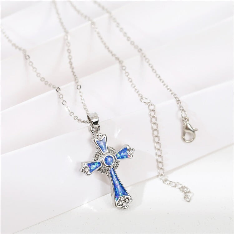 Dark Blue Opal Cross Pendant Necklace Christian Jewelry for Men Women Gift