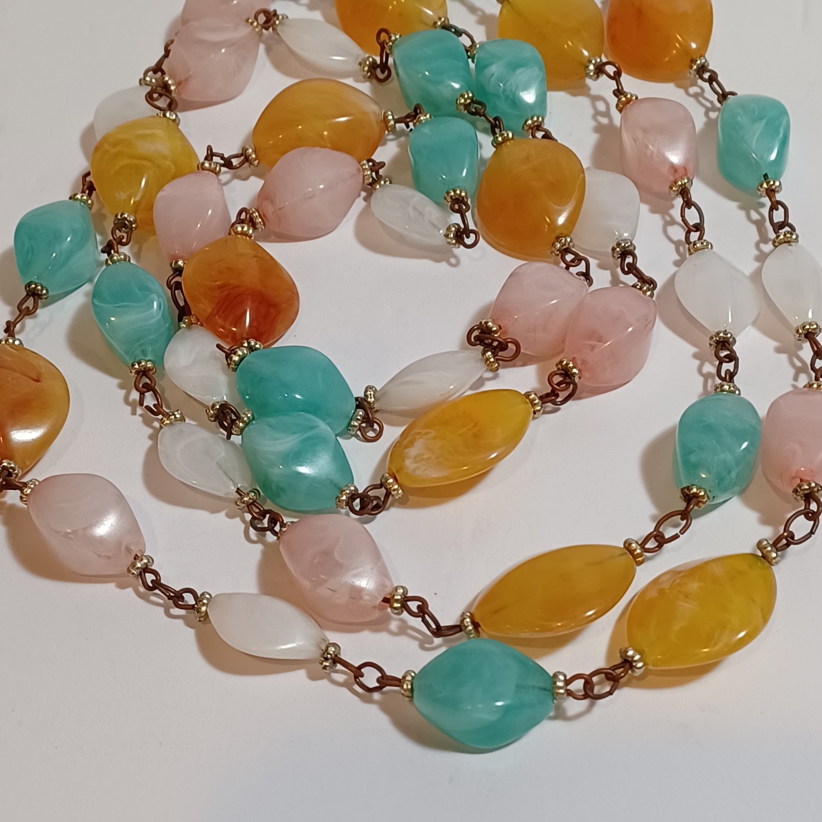 Pastel Marbled Plastic Resin Vtg Bead Chain Necklace 54in Pink, Mint, Amber, Wht