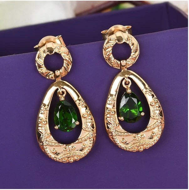 Chrome Diopside Drop Stud Earrings in 14K Gold Overlay Sterling Silver 1.57 Ct.