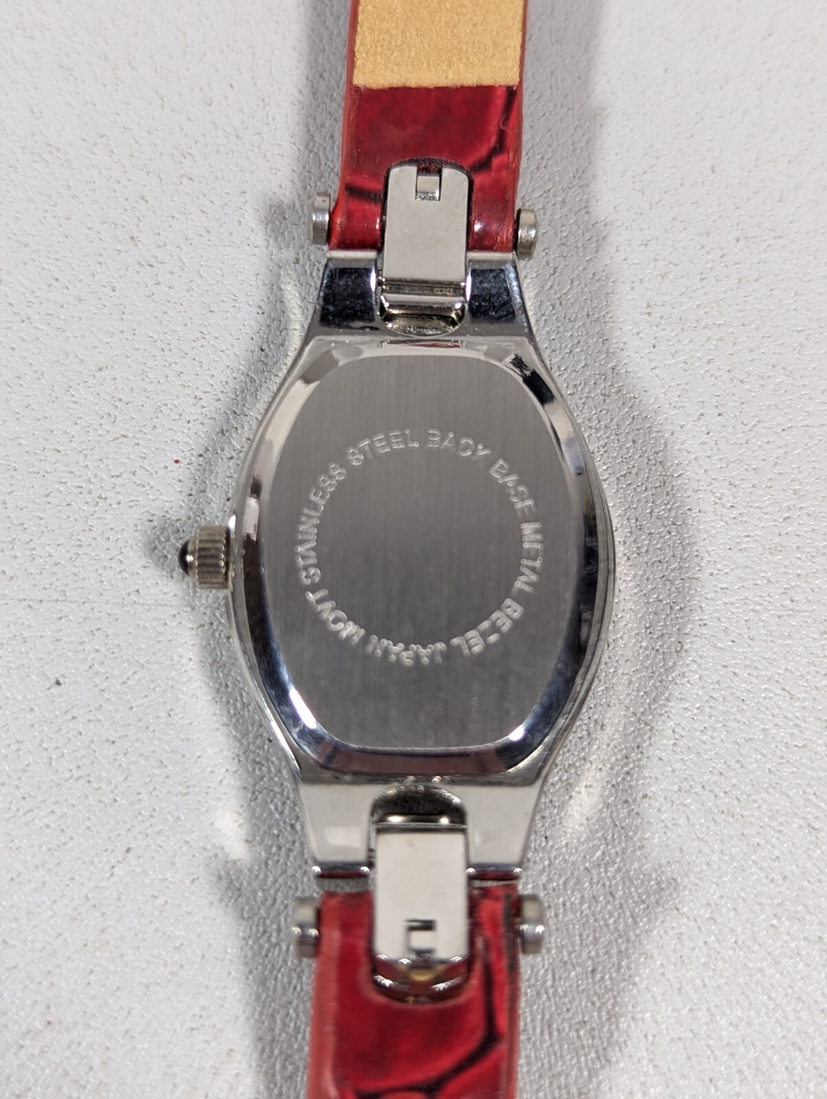 White Pearlized Dial Silver Tone Rectangle Case Red Leather Band Watch 7.25 In