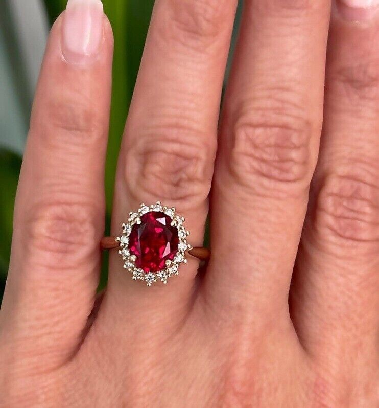 Engagement Ring Oval 2.30 Carat Lab Created Ruby Diamond Solid 14K Yellow Gold