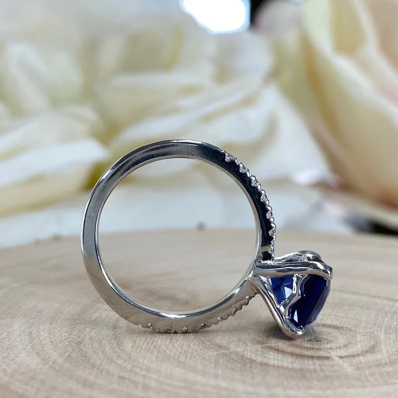 2.30 Ct Princess Natural Sapphire & Diamond Wedding Ring 14K White Gold Size 5