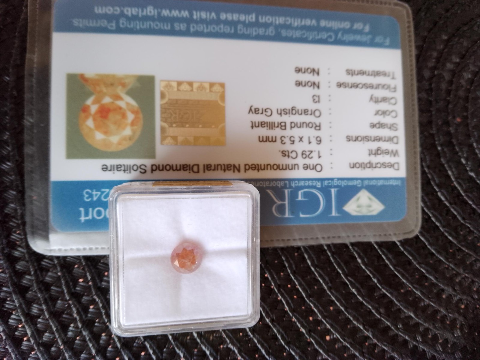 1.29ct NATURAL LOOSE Round Brilliant Cut DIAMOND, Orangish Grey, IGR Report