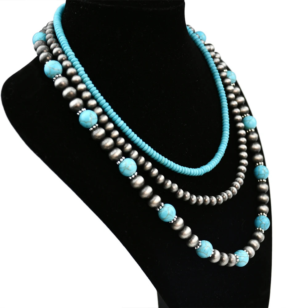 3Pcs Pearl Turquoise Beaded Necklace Set Boho Vintage Choker Women Jewelry