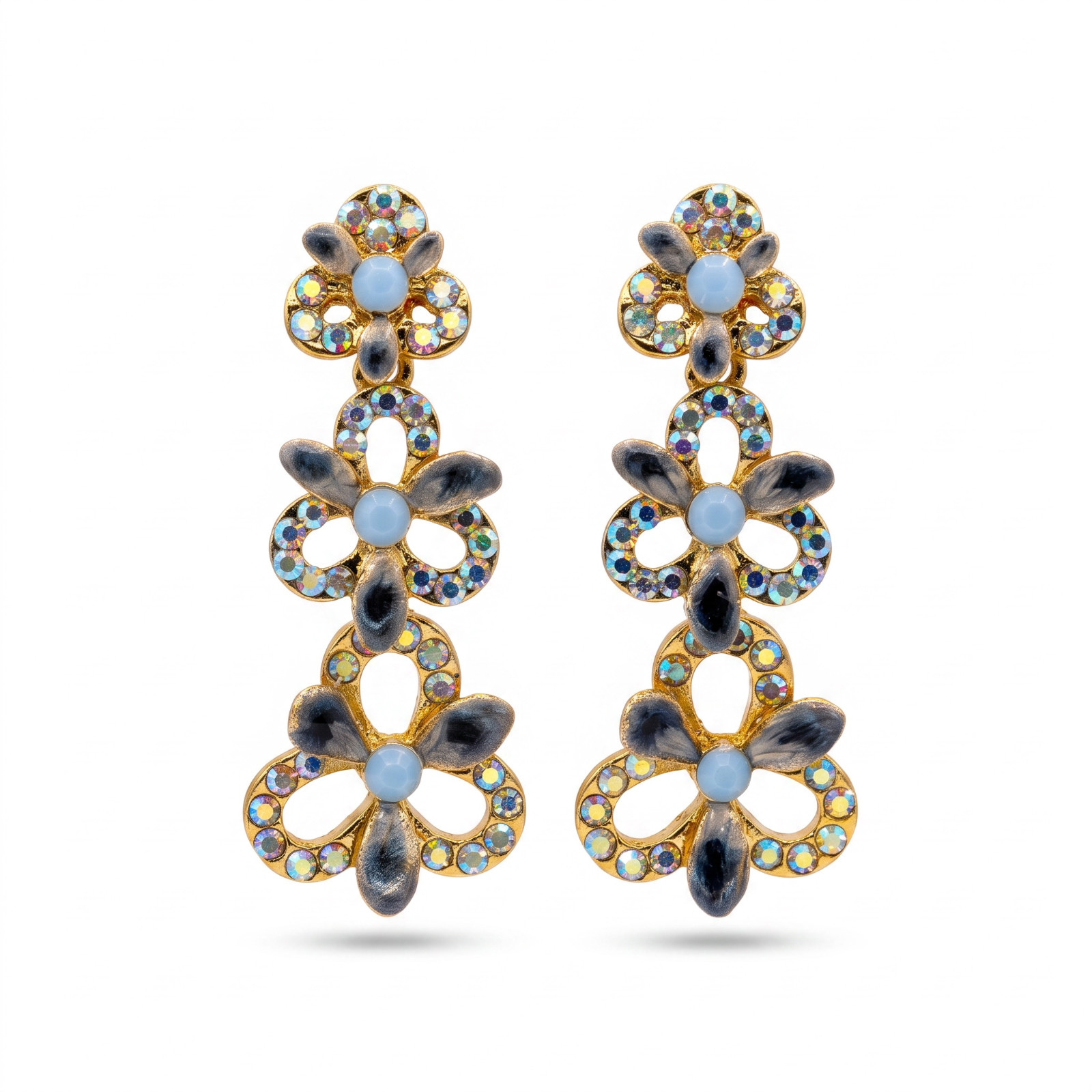 NOS Vintage Gold Tone Blue Enamel Floral AB Rhinestone Drop Earrings 2”