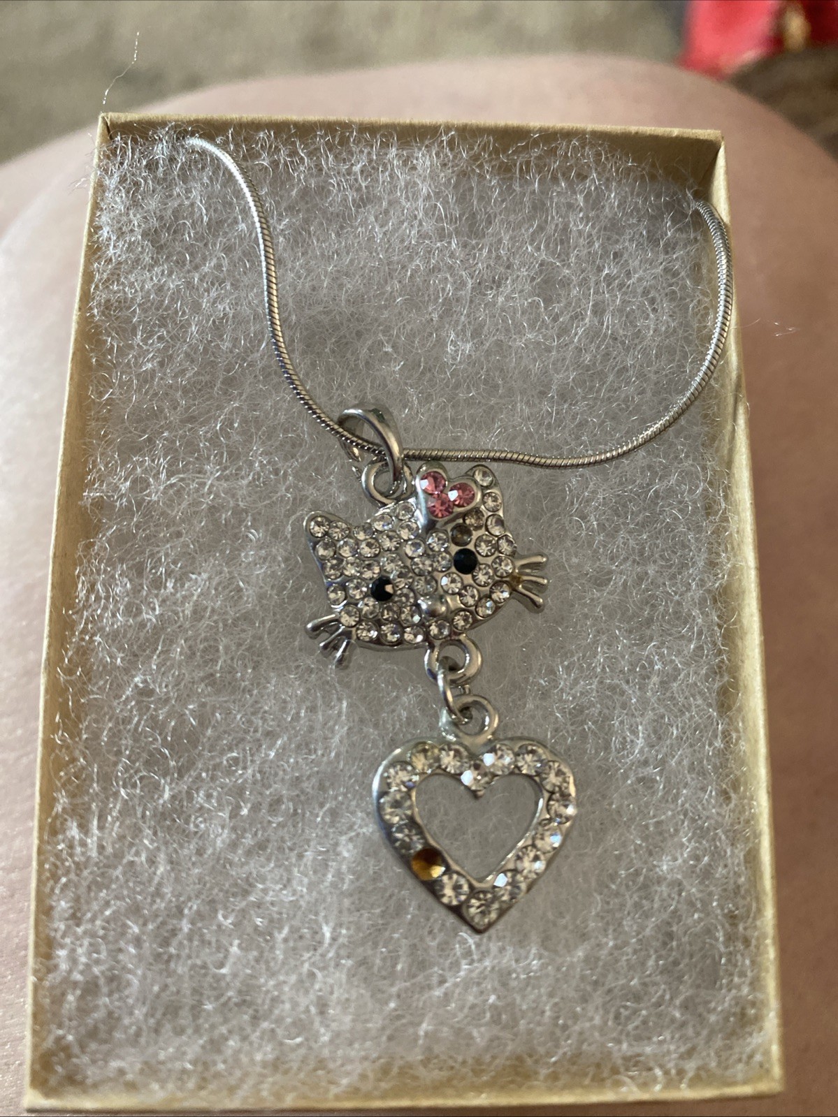 Nice Hello Kitty Cubic Zirconia Pendant On Silver Tone Snake Chain Necklace