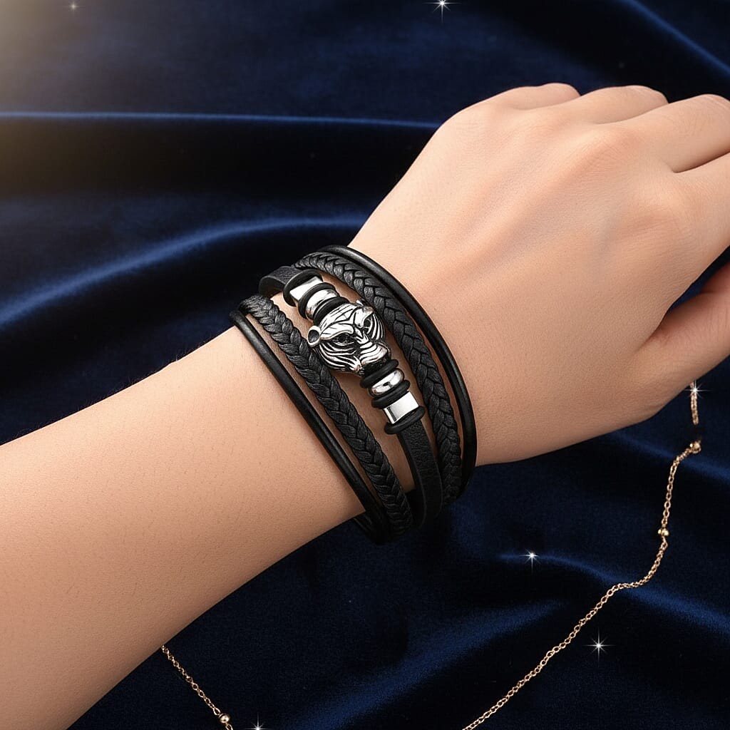 Braided Microfiber Leather Tiger Head Bracelet in Stainless Steel 8.00 In
