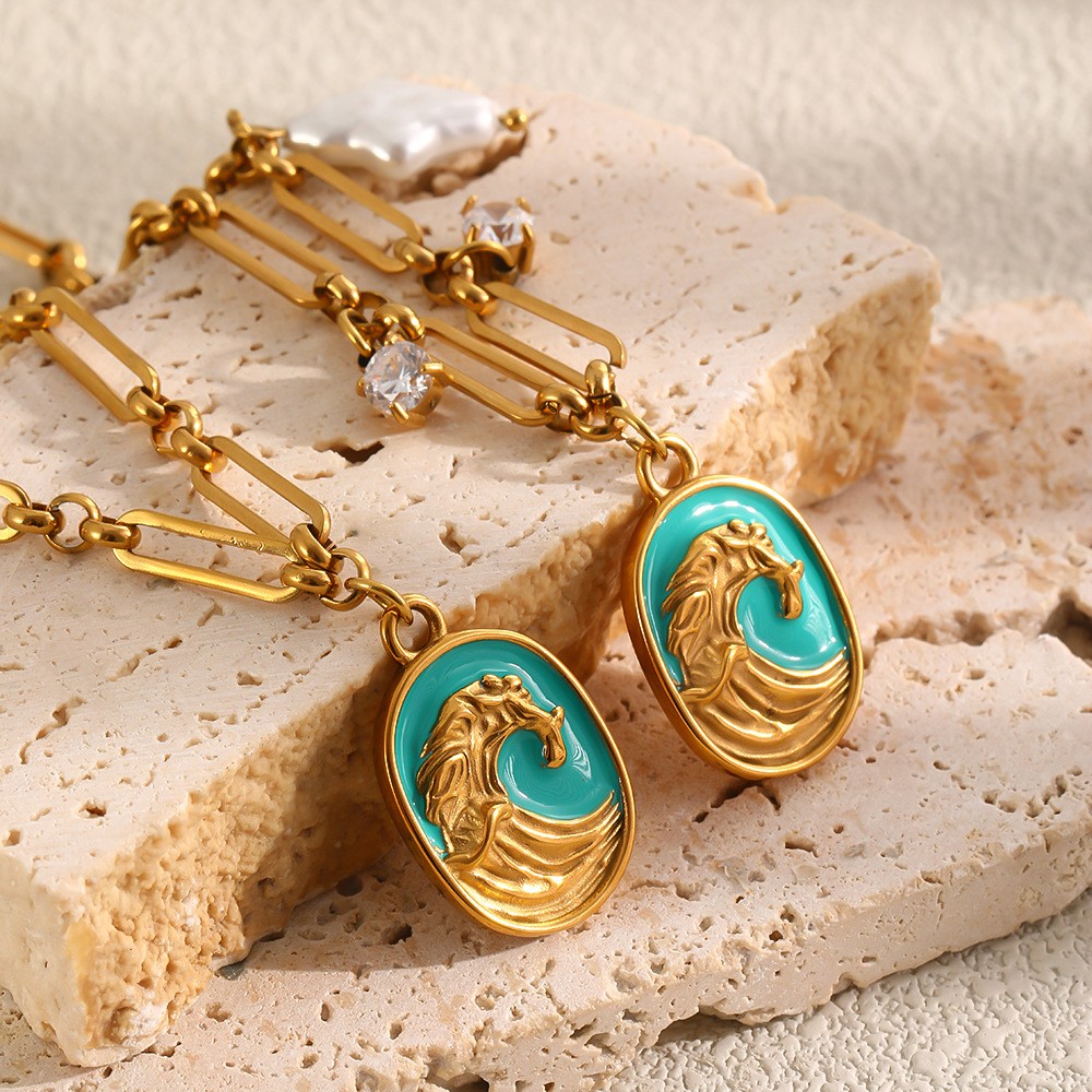 18K Gold Plated French style Wave Enamel Imitation Pearl Bracelet Necklace Set