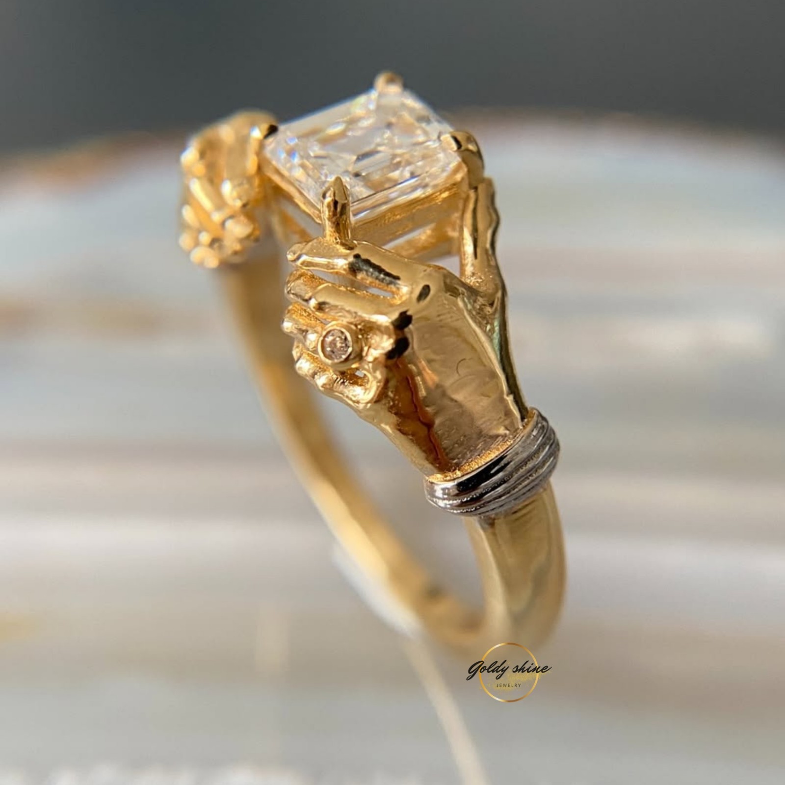 1 Ct Asscher Cut Moissanite Grasping Hands Artistic Ring 14K Yellow gold plated