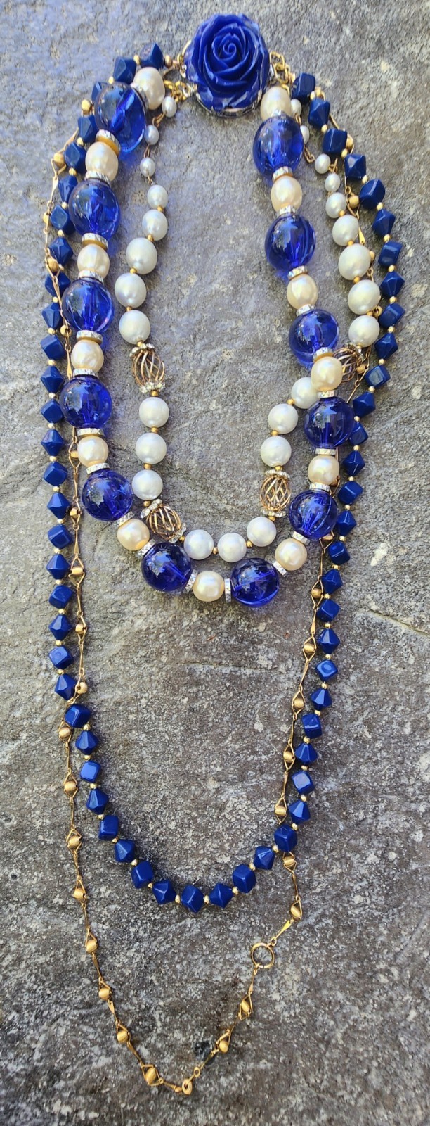 Vintage Upcycled 4 Strand Beaded Necklace. Blue An Gold