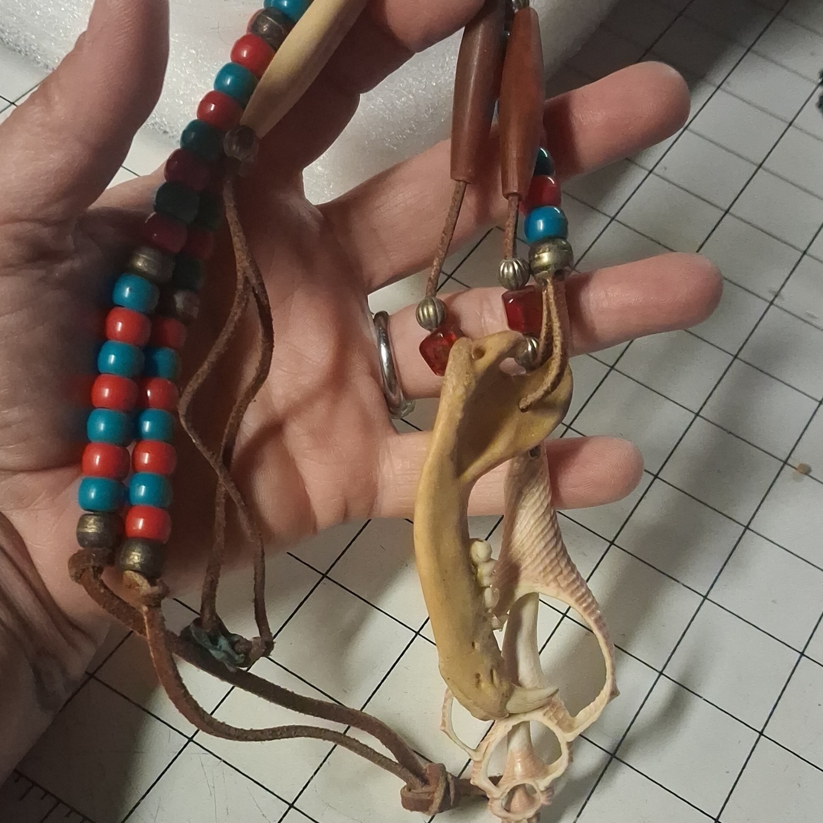 Leather Cord Beaded Necklace Shell Bone Charm Pendant Adjustable Bolo