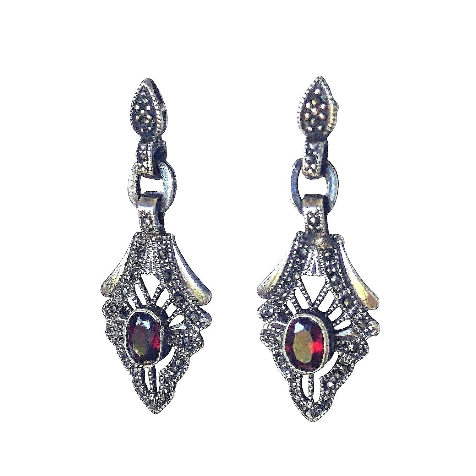 Vintage Sterling Silver 925 Garnet Marcasite Art Deco Drop EarringsArt Nouveau
