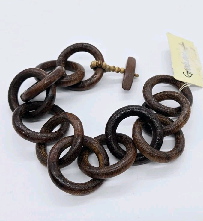 Faux Wood Style Bracelet Graham Design Circle Link Toggle 9.5 in Hippy Hippie