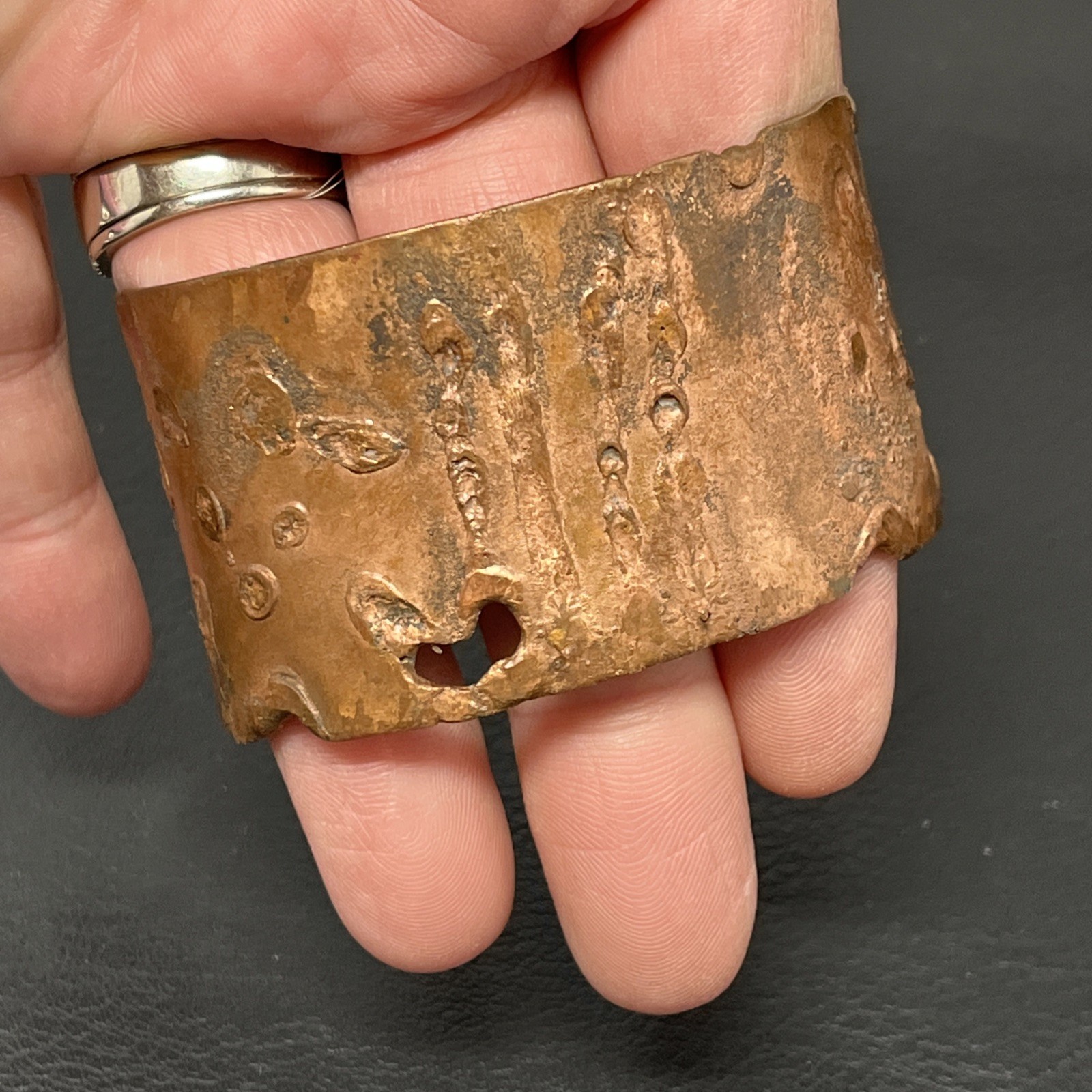 Copper Cuff Bracelet Artisan Heart stamp brutalist 1.5″ wide