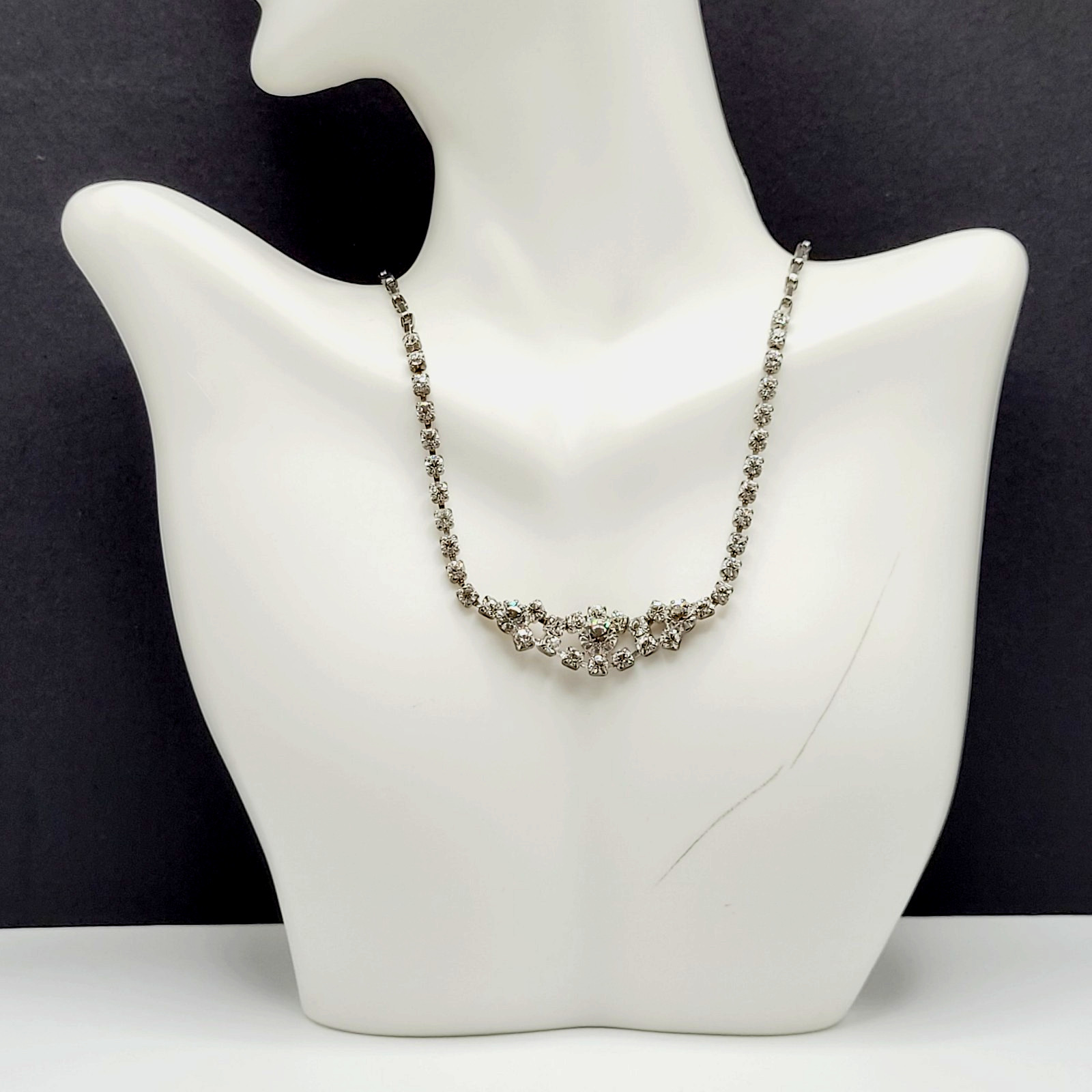 Dainty Rhinestone Choker Collar Art Deco Eye Part Chain Vintage Necklace 15 Inch