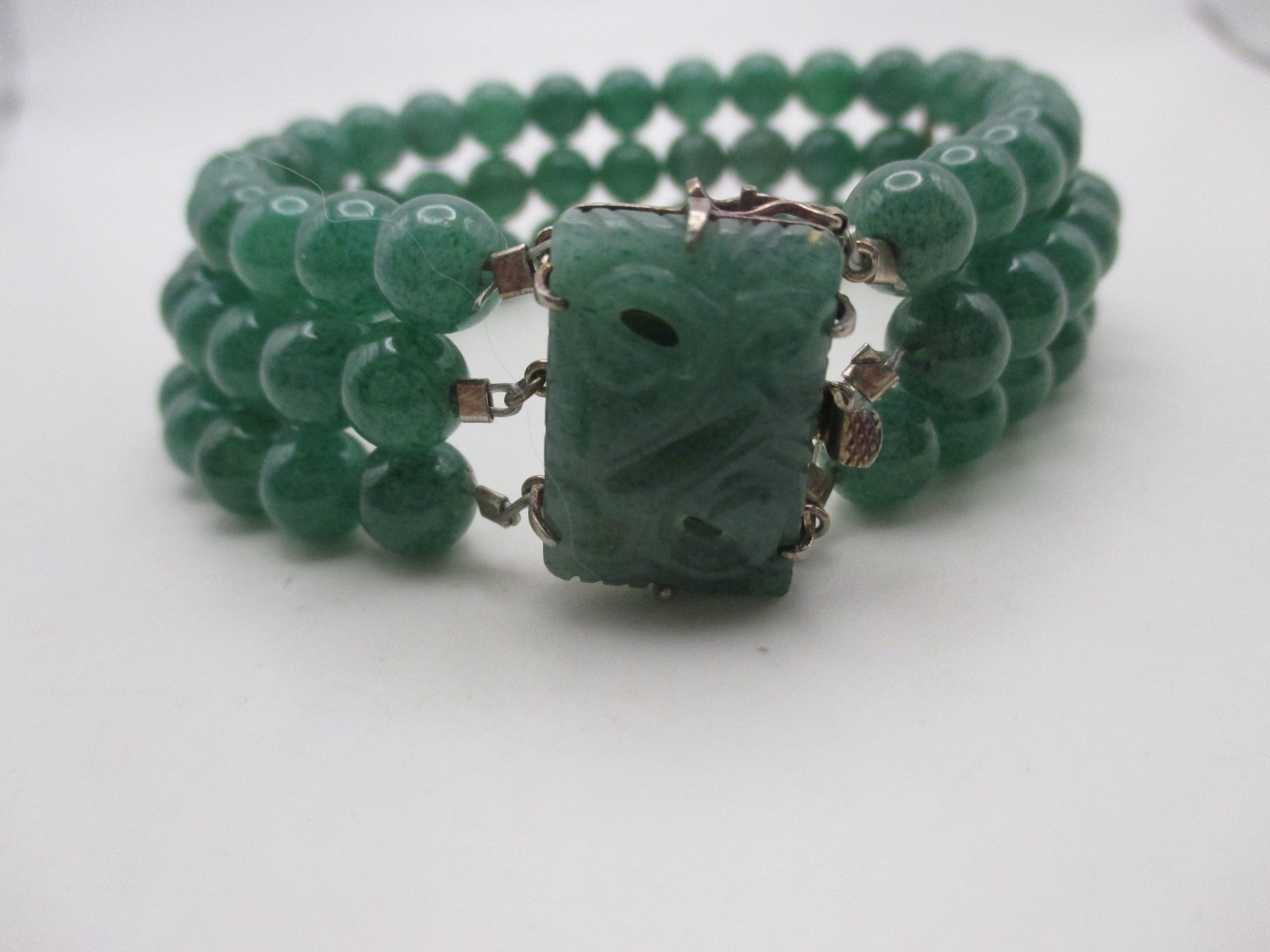 VTG Chinese Export Jade Jadeite 3 Row Beaded Bracelet Carved Flower Clasp Silver