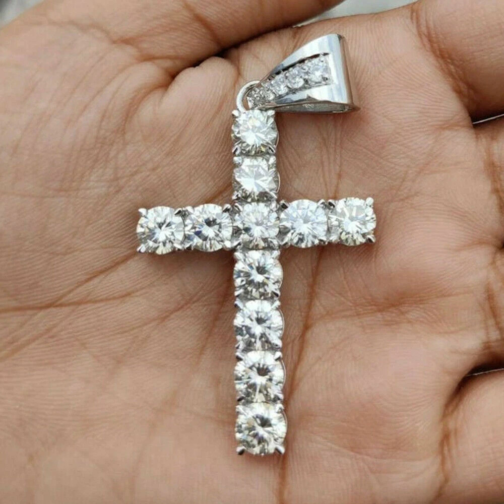 Round Cut White Moissanite Cross-Pendant With no chain in 14k White Gold Plated