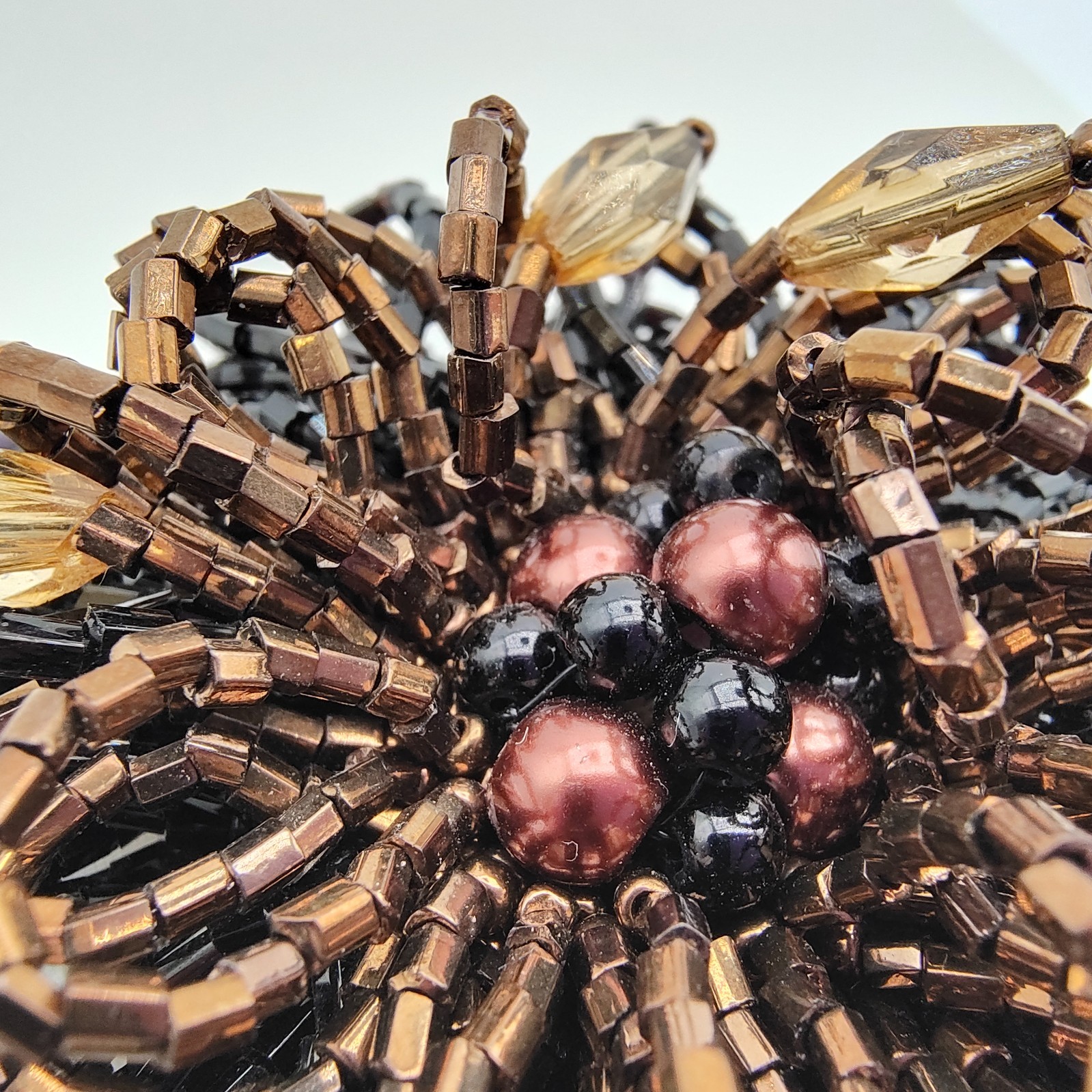 Beaded Flower Brooch Brown Black Boho Glam Maximalist Style Fashion Large
